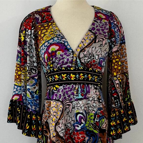 Betsey Johnson Vintage Bambi Printed Surplice Mini Dress 90s Flared Sleeve 6 - Picture 3 of 11